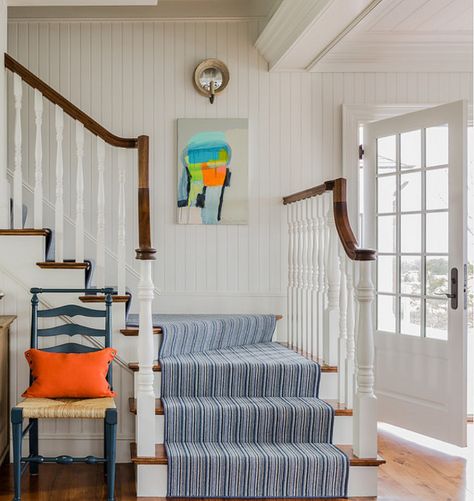 Wool Stair Runner. Wool Stair Runner Ideas. The 100% wool stair runner is Joella by Stark Carpet.  #Wool #Stair #Runner Navy Stairs, Stair Runners Ideas, Warm Dining Room, Stairs Runner, Claire Desjardins, Home Bunch, Coastal House, Stair Decor, Modern Stairs