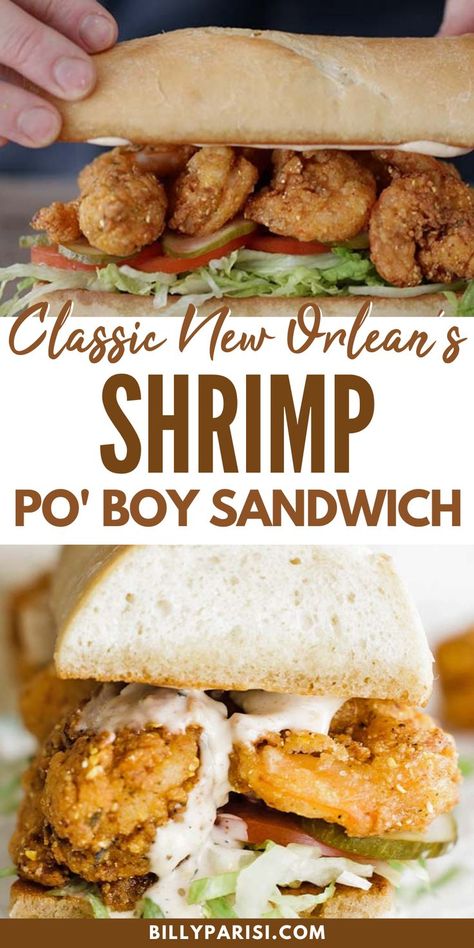 American Sandwich Recipes, Po Boy Sandwich Recipe, Shrimp Sandwich Recipes, Poboy Sandwich Recipe, Shrimp Po Boy Recipe, New Orleans Shrimp, Cajun Remoulade, Po Boy Sandwich, Shrimp Po Boy