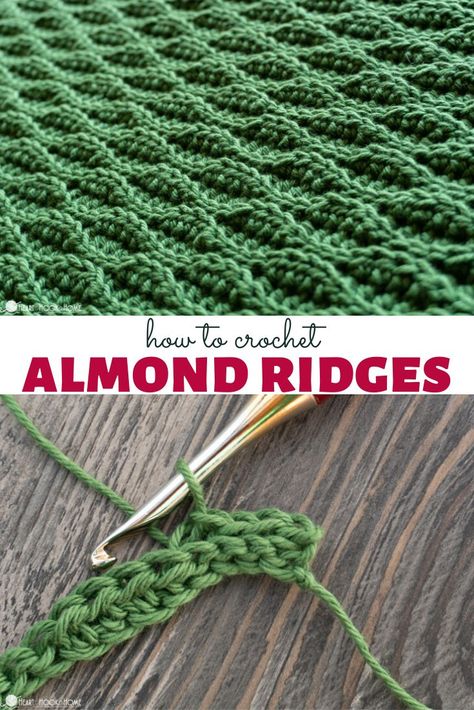 Immerse yourself in the art of crochet with the Almond Ridges stitch. This unique stitch, renowned for its wavy ridges, is easy to learn with our comprehensive video tutorial. With a simple four-row sequence, you can add this stitch to your crochet skills and create beautiful, textured pieces. Visit HeartHookHome.com today to learn more and start crafting! Almond Crochet Pattern, Almond Stitch Crochet Blanket, Crochet Basketweave Stitch Tutorial, Almond Ridges Crochet Stitch, Crochet Almond Stitch, Almond Stitch Crochet, Advanced Crochet Stitches Free, Opaque Crochet Stitches, Special Crochet Stitches