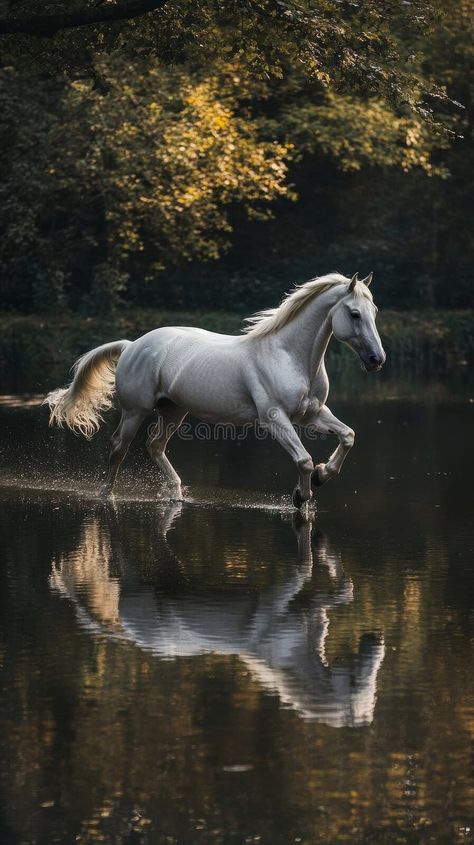 3,544 Horse Running Water Stock Photos - Free & Royalty-Free Stock Photos from Dreamstime Horse Reflection In Water, Water In Forest, Reflection Portrait, White Horse Running, Forest At Sunset, Horse Running, Forest Sunset, Serene Nature, Running Horses