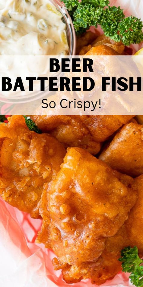 This Crispy Beer Batter Fish Recipe is made with basic ingredients and creates a crunchy coating around flaky, tender white fish! Fried fish is great with homemade Tartar Sauce or used to make crispy fish tacos! Beer Batter Fish Recipe, Batter Fish Recipe, Crispy Fish Batter, Fish And Chips Batter, Beer Batter Fish, Crispy Fish Tacos, Beer Battered Fish Recipes, Fish Batter, Fish Batter Recipe