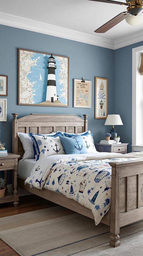 coastal bedroom decorating Lighthouse Themed Bedroom, Lighthouse Bedroom Decor Ideas, Nautical Theme Bedroom, Lighthouse Theme, Bedroom Decorating Tips, Nautical Bedroom, Coastal Bedroom Decorating, Tranquil Retreat, Themed Bedroom