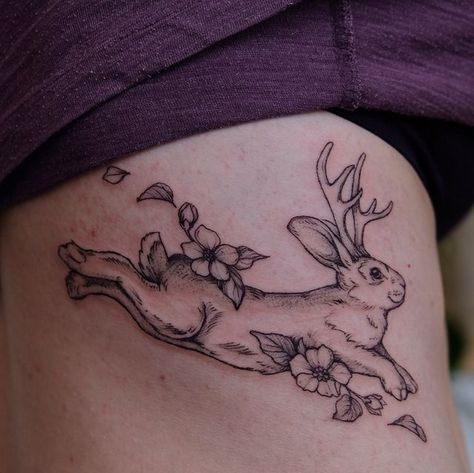 Animal Tattoo Placement, Bunny Tattoos With Flowers, Bunny With Antlers Tattoo, Bunny In Flowers Tattoo, Toy Tattoo, Jackalope Tattoo Cute, Doe With Flowers Tattoo, Simple Quote Tattoos, Jackalope Tattoo