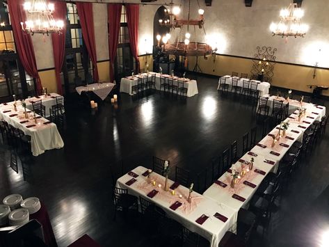 A cozy and intimate wedding reception layout utilizing rectangle tables and with huge dance floor. Reception Table Layout, Wedding Table Layouts, Wedding Reception Layout, Wedding Table Setup, Reception Layout, Rectangle Tables, Wedding Reception Seating, Table Arrangements Wedding, Intimate Wedding Reception