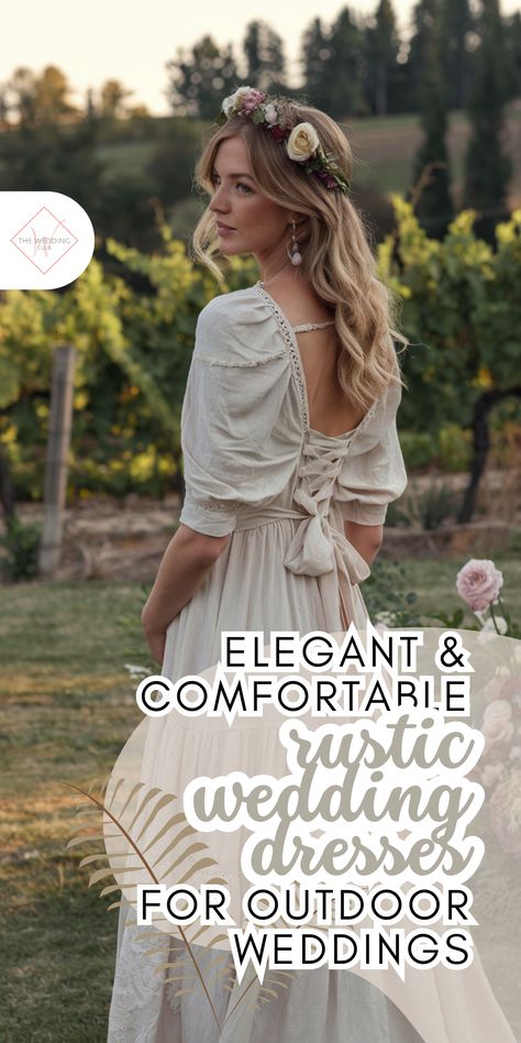 Choose elegant and comfortable rustic wedding dresses designed for outdoor ceremonies. Featuring breathable fabrics, relaxed silhouettes, and stylish details, these dresses ensure you stay comfortable while looking stunning. Ideal for garden, vineyard, or barn weddings, blending style with practicality. Wedding Dresses Styles, Rustic Wedding Dress Lace, Farm Wedding Dresses, Barn Wedding Dress, Flowy Chiffon Dress, Rustic Wedding Gowns, Rustic Garden Wedding, Satin Gowns, Western Wedding Dresses