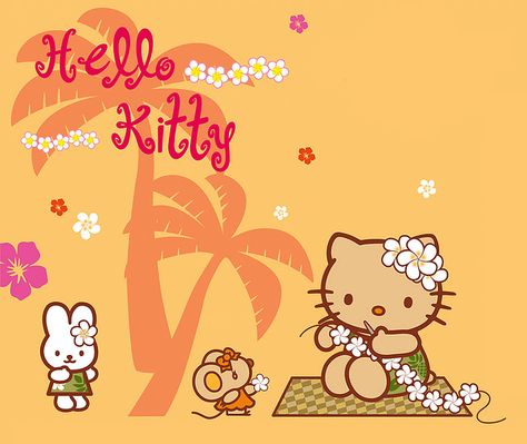 Hawai'i Hello Kitty making leis. #island_girl Making Leis, Hello Kitty Wallpapers, Taekwondo Wallpaper, Hawaii Aesthetic, Tropical Poster, Images Hello Kitty, Coconut Dream, Tropical Girl, Wallpaper Computer