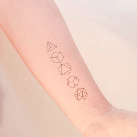 D&D dice tattoo! Dice Tattoo, Nerdy Tattoos, Nerd Tattoo, Platonic Solids, D Tattoo, Platonic Solid, Inspiration Tattoos, Poke Tattoo, Friend Tattoos