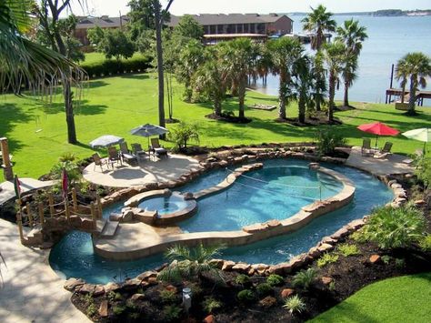 Backyard Lazy River, River Pool, Lazy River Pool, Backyard Hangout, Backyard Pool Design, Pool And Hot Tub, Hot Tub Backyard, Backyard Fireplace, Backyard Water Feature