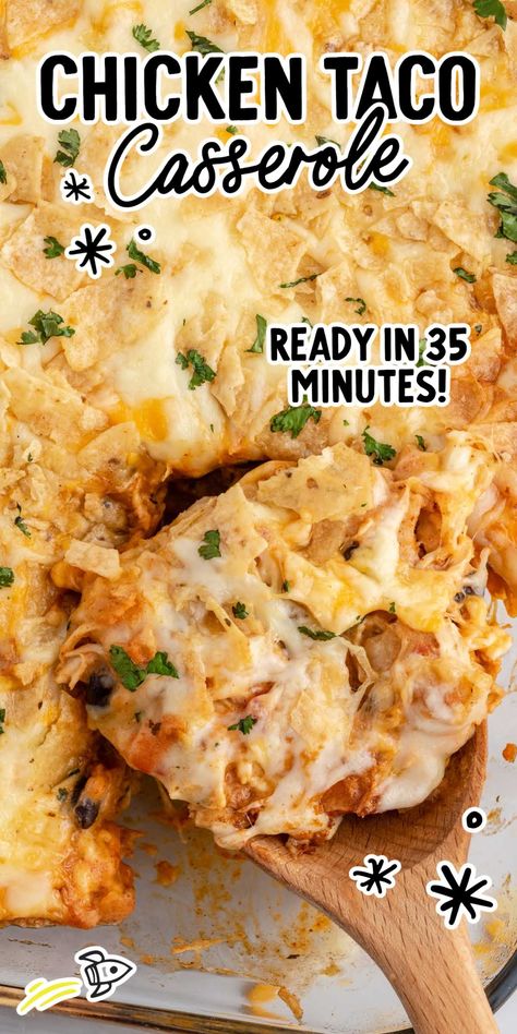 Chicken Taco Casserole Chicken Tacos Casserole, Creamy Taco Casserole, Chicken Tacos Casserole Recipe, Taco Chicken Casserole Recipes, Casserole For Lunch, Chicken Nacho Casserole, Casseroles With Cooked Chicken, Pulled Chicken Casserole, Recipes Using Can Chicken