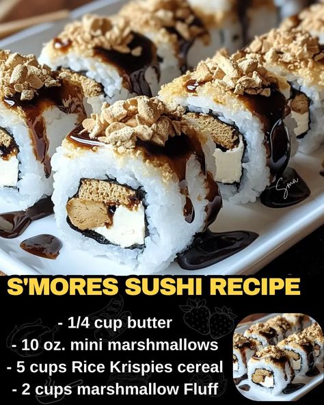 S'mores Sushi Recipe S'mores Sushi Recipe, S’mores Sushi Recipe, S'more Sushi, S’more Sushi Recipe, Rice Krispie Sushi Rolls, Rice Krispie Sushi, Smores Sushi Roll, S’mores Sushi Roll, S’mores Sushi