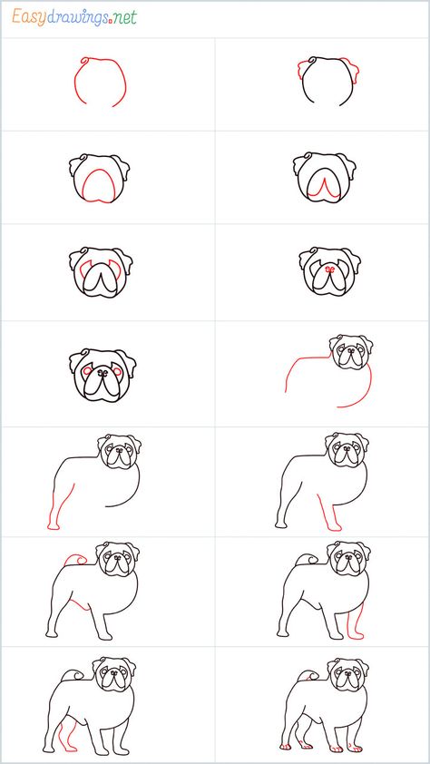 How To Draw A Pug Step by Step - [14 Easy Phase] Pug Drawing Easy Step By Step, Draw A Pug, Pug Drawing, Dog Drawing Tutorial, Drawing Lesson, Doodle Art Journals, Object Drawing, A Pug, Dog Drawing