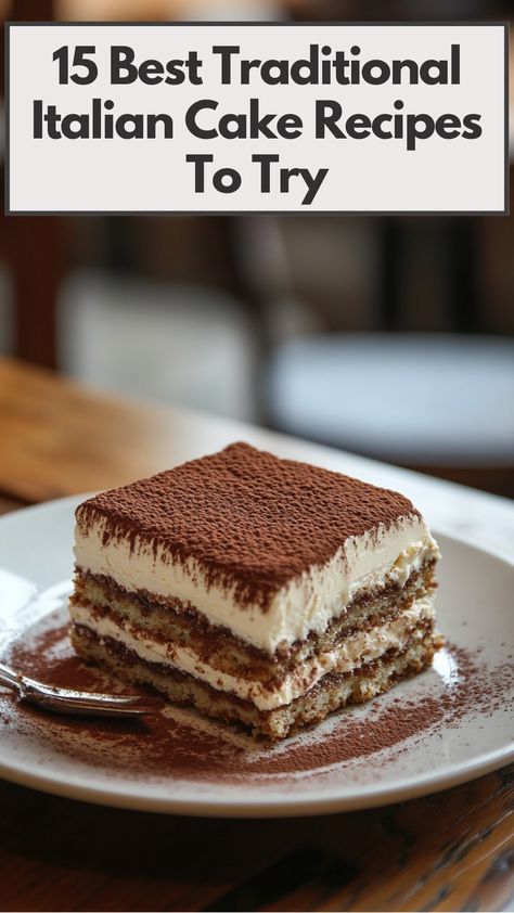 A slice of traditional Italian Tiramisu served on a plate, topped with cocoa powder, showcasing rich layers of mascarpone cream and espresso-soaked ladyfingers. Italian Tiramisu Authentic, Italian Rum Cake Recipe, Italian Cake Recipes, Christmas Cake Recipe Traditional, Italian Rum Cake, Italian Love Cake, Traditional Italian Recipes, Italian Baking, Italian Desserts Traditional