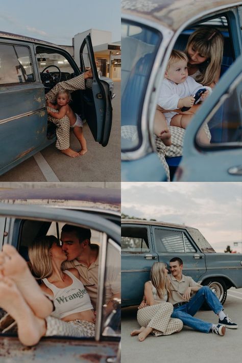 Vintage Family Photoshoot Outfits, Vintage Truck Family Photos, Family Photos With Car, Old Car Family Photoshoot, Vintage Car Family Photoshoot, Classic Car Family Photoshoot, Family Car Photoshoot, Car Family Photoshoot, Creative Family Photos