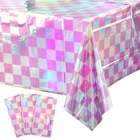 PRICES MAY VARY. Package Includes: You will receive 3 pink and iridescent checkered plastic tablecloths. Each iridescent pink table cover measures approx 54 x 108 inches, fits any rectangular table up to 8 feet in length, suitable for party decoration. Shimmery Laser Checker Tablecloth: The pink buffalo plaid tablecloths for parties feature a shiny holographic design, and it shows different color effects under different light, all very beautiful and shiny, which will be a highlight of your party Pink Table Cover, Iridescent Party Decorations, Picnic Style Party, Iridescent Party, Disposable Tablecloth, Holographic Design, Pink Party Decorations, Table Cloth Decorations, Checkered Tablecloth