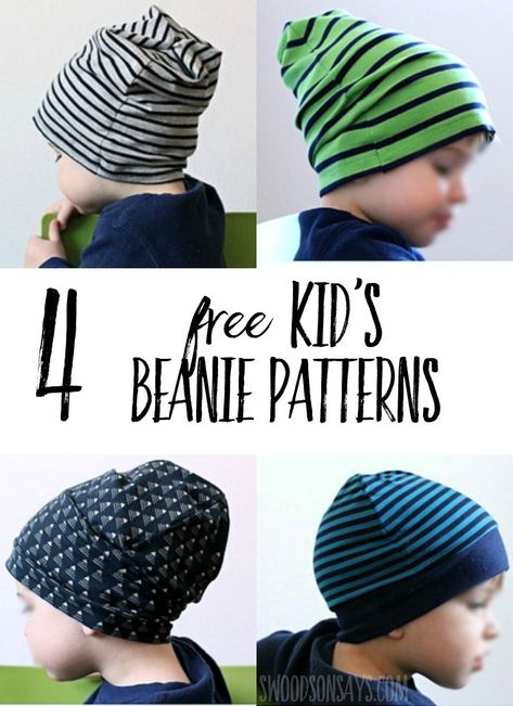 Knit beanies are trendy and comfy - check out 4 free kid's beanie sewing patterns tested out and sewn up! Great knit sewing patterns for beginners, beanies are perfect gifts to sew for kids and fun to make. #freesewingpatterns #sewing Syprosjekter For Nybegynnere, Boy Sewing, Hat Patterns To Sew, Pants Sewing Pattern, Kids Beanies, Beginner Sewing Projects Easy, Sewing Projects For Kids, Sewing Patterns For Kids, Creation Couture