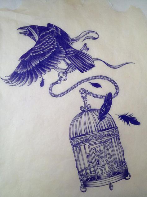 Crow with birdcage. Tattoo idea. Bird And Cage Tattoo Freedom, Bird Cage Tattoo, Birdcage Tattoo, Cage Tattoo, Freedom Tattoos, Cage Tattoos, Black Bird Tattoo, Flying Bird Tattoo, Tattoo Bird