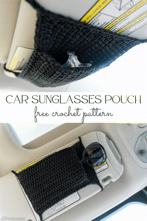 Car Sunglasses Holder Diy, Crochet Sunglass Case Free Pattern, Car Decor Diy Crafts, Crochet While Traveling, Crochet Car Sunglasses Holder, Crochet Handy Things, Car Sunglass Holder, Crochet Car Trashcan, Car Crochet Accessories Pattern