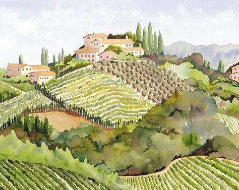 Vineyard Watercolor Painting, Italian Landscape Watercolor, Winery Watercolor, Vineyard Drawing, European Vineyard, Vineyard Illustration, Vineyard Italy, Tuscany Watercolor, Vineyard Watercolor