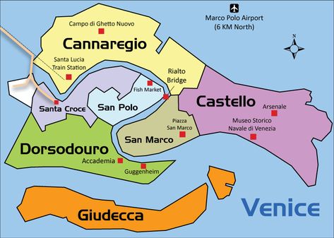 Map of Venice showing Sestieri and major tourist attractions Venice Italy Map, Venice Map, Venice City, Floating City, Venice Italy Travel, Italy Map, Grand Canal, Santa Lucia, Packing Tips For Travel