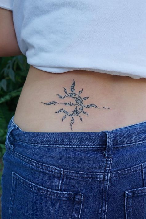 Lower-Back Tattoo Ideas and Inspiration Lower Back Female Tattoos, Unique Lower Back Tattoos Women, Side Lower Back Tattoos, Spiritual Lower Back Tattoo, Lower Back Side Tattoos For Women, Lower Back Sun Tattoos, Lower Side Back Tattoo Women, High Back Tattoo, Lower Back Side Tattoo