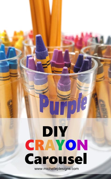 Create a DIY crayon holder carousel and fill it with dollar tree crayons. What a fun project for the smaller kids who love to color and work in activity books. #michellejdesgins #backtoschoolcrayons #crayonholder Diy Crayon Organizer, Crayon Organization By Color, Crayon Container Ideas, Crayon Storage, Colored Pencil Holder, Crayon Organization, Diy Crayons, Crayon Holder, Pencil Organizer