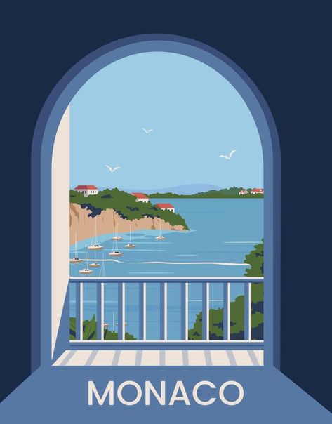 Monaco poster landscape. coast scenic view in windows. vector illustration with minimalist style. Illustration Art Building, Minimalist Travel Poster, Monaco Painting, Window View Illustration, Monaco Illustration, Poster Design Landscape, Magical Places Aesthetic, Vector Landscape Illustration, Coast Illustration