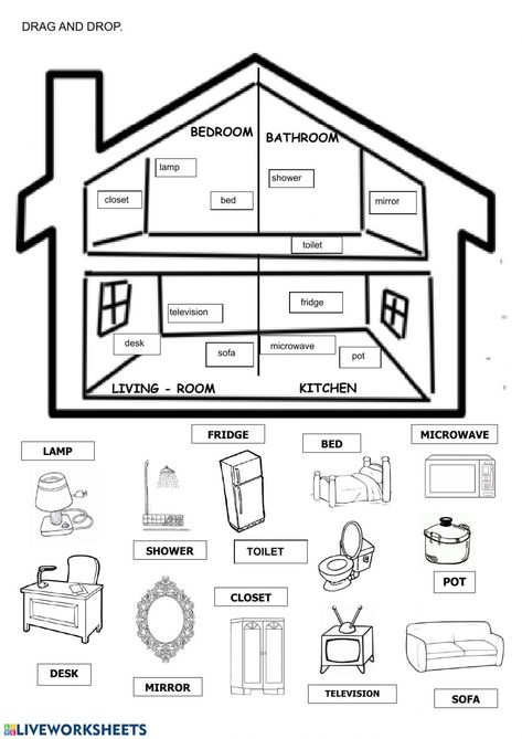 Objects in the house online worksheet for PRIMERO DE PRIMARIA. You can do the exercises online or download the worksheet as pdf. Things In The House Worksheet, Parts Of The House Worksheet For Kids, Parts Of The House Worksheet, Parts Of House, House Objects, Design Your House, Preschool Activities Toddler, Learning English For Kids, English Worksheets For Kids