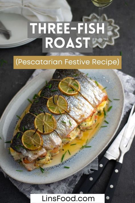 Three-fish roast recipe, a great centrepiece for a Pescatarian Easter or Christmas. Two salmon sides filled with smoked haddock and prawns (shrimp). #easterrecipes, #fishrecipes, #linsfood Whole Salmon Recipe, Salmon Sides, Smoked Haddock, Lenten Recipes, River Fish, Lent Recipes, Easter Recipe, Delicious Seafood Recipes, Smoked Fish