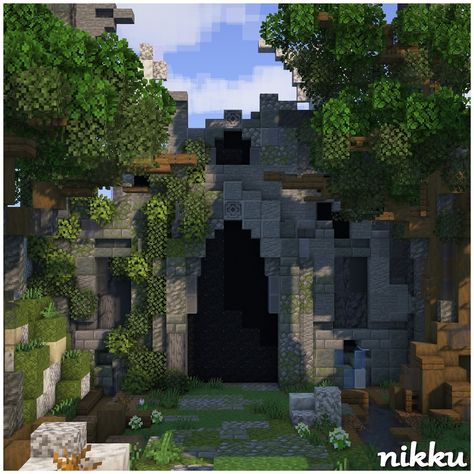 Forgotten by Time 💡 Shaders: Complimentary 🪚 Built On: play.bakery.builders 🏷️ #minecraft #minecraftdesign #minecraftart #minecrafthouse #bedrock #minecraftgaming #minecrafthome #minecraftjava #minecraftbuilds #ghibliart #gate Underground Minecraft Entrance, Bone Block Minecraft House, Minecraft Cave City Ideas, Minecraft Tomb Ideas, Arches In Minecraft, Minecraft Cave Opening, Minecraft Dungeon Entrance, Minecraft Moat, Minecraft Village Gate