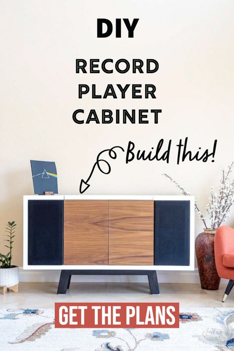 This DIY record player stand will blow your mind! It has storage for records and even space for the speakers. Get the step-by step tutorial, printable woodworking plans and watch the full video! #anikasdiylife Diy Record Player Stand, Diy Record Player, Console Ideas, Diy Record, Printable Woodworking Plans, Stereo Console, Record Stand, Record Player Stand, Kreg Jig