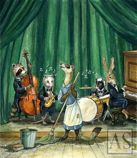 Astrid Sheckels Art, Canvas Menagerie, Astrid Sheckels, Animals Playing Instruments, Dancing Ferret, Fairytale Tattoo, Cottagecore Illustration, Animal Drawing Inspiration, Band Illustration