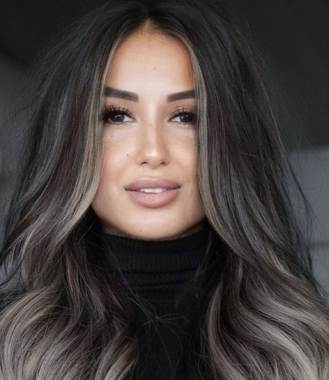 Bayalage Grey Blending, Ash Babylights On Dark Hair, Dark Hair White Highlights, Dark Brown Hair With Ash Brown Highlight, Edgy Brunette Hair, Cool Tone Dark Hair, Dark Hair Ash Highlights, Ash Gray Highlights On Dark Hair, Ash Highlights On Dark Hair