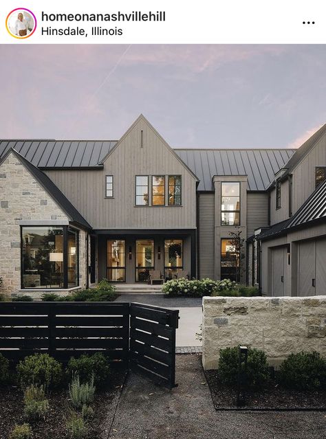 Gray Brick House Exterior, Grey Stone House, Craftsman House Exterior, Gray House Exterior, Black Houses, Happy Friday Friends, Grey Houses, Grey Exterior, Ranch Style Home