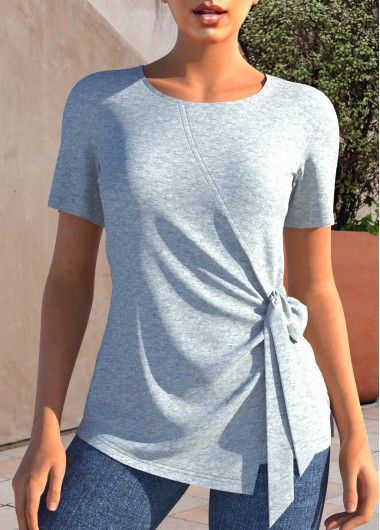 Simple Tie Knot, Three Quarter Sleeve Tops, Fitted Tunic, Gray Top, Front Tie Top, Crew Neck Top, Solid Tops, Plus Size Casual, Quarter Sleeve