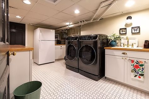 Our Basement Laundry Room Makeover - Making it Lovely Basement Paint Colors To Brighten, Basement Fridge, Stylish Basement, Ottawa House, Unfinished Basement Laundry, Basement Transformation, Basement Laundry Room Ideas, Basement Laundry Room Makeover, Stone Foundation