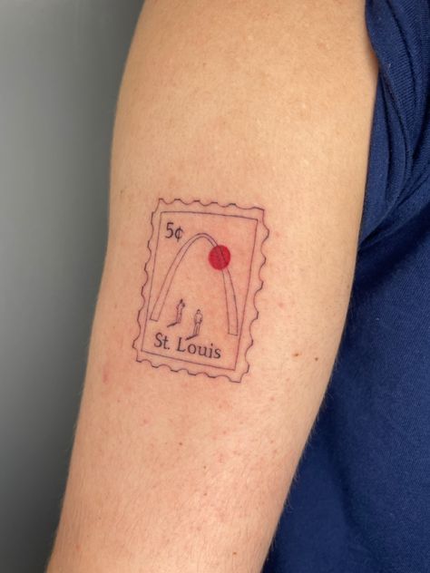 Saint Louis Tattoo, Fine Line Postage Stamp Tattoo, Stl Tattoo Ideas, St Louis Tattoo Ideas, St Louis Arch Tattoo, Stamp Tattoo Postage, Postcard Stamp Tattoo, Post Stamp Tattoo Ideas, Stl Tattoo