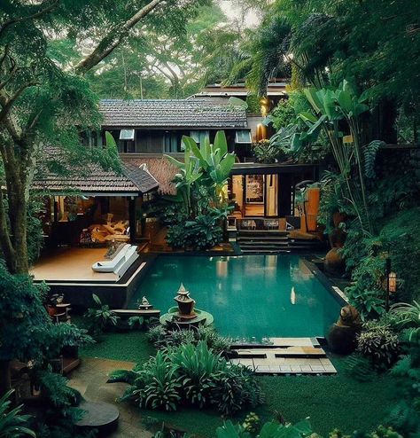 Japanese Pool, Rainforest Aesthetic, Rainforest House, Modern Glass House, Kolam Koi, Diy Landscape, House Series, House Pool, Jungle House