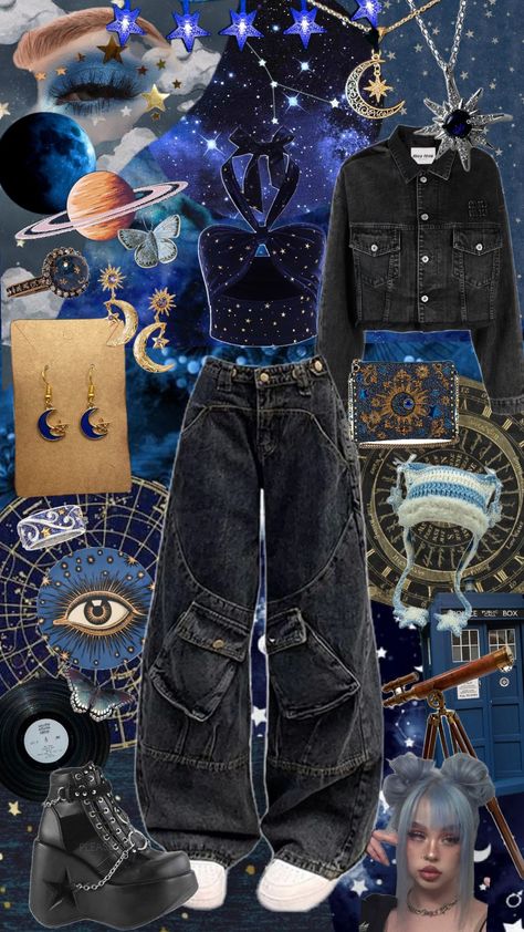 blue astrology girl #outfit #outfitinspo #inspo #blue #star #galaxy #pants #top #purse #hat #cute #jewelry #necklace #ring #earring #astrology #whimsigoth #goth Outerspace Theme Outfits, Cute Star Themed Outfits, Galactic Aesthetic Outfit, Space Themed Outfit Ideas, Blue Alien Aesthetic, Galaxy Outfit Aesthetic, Blue Star Outfit, Alien Core Outfits, Space Core Outfits