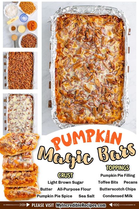 Pumpkin Pecan Magic Bars! 🎃🧡... - Incredible Recipes Pumpkin Magic Bars, Magic Bars Recipe, Pumpkin Magic, Pumpkin Pecan Pie, Magic Bars, Pumpkin Bars, Toffee Bits, Butterscotch Chips, Pumpkin Pie Filling