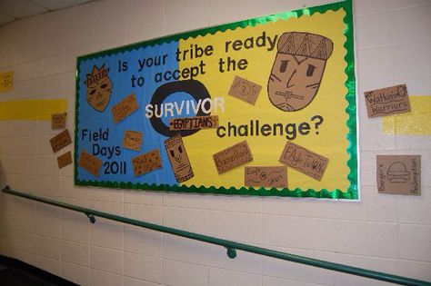 Survivor bulletin board idea Survivor Classroom Theme, Survivor Theme, Survivor Challenges, Retreat Themes, Bulletin Boards Theme, Physical Education Lessons, School Testing, Classroom Transformation, Teacher Material