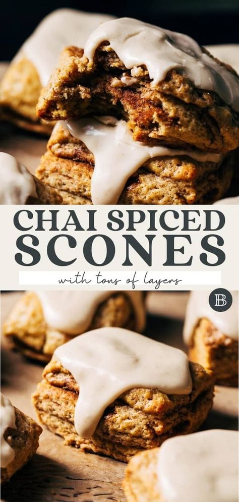 These chai spiced scones are so tender and baked with layers of sweetened chai spice blend! They’re so moist and flavorful and uniquely made by patting and folding the dough multiple times. This creates so many layers and incredibly gorgeous scones! Top with maple icing to make these extra special. Maple Scones Recipe, Chai Scones, Spiced Scones, Chai Spice Blend, Best Chocolate Chip Muffins, Banana Scones, Maple Icing, Butternut Bakery, Allergy Friendly Desserts