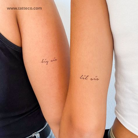 Matching 'big sis' and 'lil sis' handwritten script temporary tattoos. Nº of tattoos 3+3 Size 1.2 in / 3 cm (width, each) There is nothing stronger than the bond between two sisters. That connection they feel as they grow up together is like no other in the world! And, what better way to express and cherish that bond than with a matching tattoo? Our matching big sis & lil sis temporary tattoo is the perfect ecological alternative for two sisters that want a reminder of one another no matter where they are in the world. Created using a handwritten script font, our matching big sis & lil sis temporary tattoo is a small and minimalist piece that carries a lot of meaning. Made using non-toxic ink and materials, this biodegradable set is FDA-compliant and perfect for sisters of all ages. Best o Sister Tattoos Words, Big Sis Lil Bro Tattoos, Country Sister Tattoos, Big Sister And Little Sister Tattoos, Minimalist Sister Tattoo For 2, Tattoos For Sister In Laws, Tattoo For 3 Sisters, Sis Tattoo Ideas, Sister Tatoos Idea