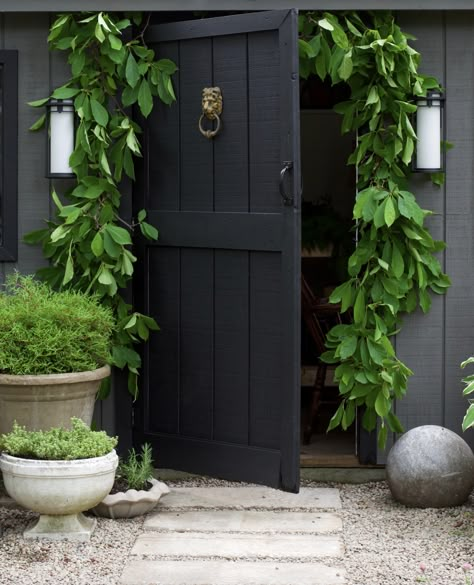 Moody Front Yard, White Shed Black Door, Black Potting Shed, Black Back Yard Door, Black Sheds, Dark Green Garden Shed, Black Garden Studio, Black Shed, Building Raised Garden Beds