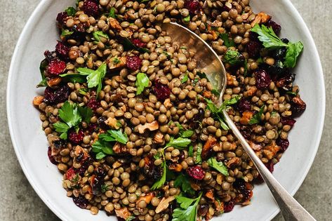 French Lentil Walnut Salad Lentil Salad Recipes, French Lentils, Gluten Free Sides, Cranberry Salad, Vegan Drinks, Walnut Salad, Lentil Salad, Mediterranean Dishes, Vegan Salad