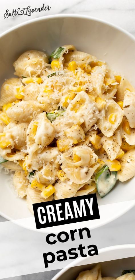 You'll fall in love with this easy creamy corn pasta recipe! It's bright, summery, and makes great use of your corn harvest! (Frozen works too) Creamy Corn Pasta With Basil, Creamy Corn Pasta Sauce, Corn Asparagus Pasta, Corn And Ricotta Pasta, Corn Sauce For Pasta, Pasta With Corn Easy Recipes, Vegetarian Corn Recipes, Creamy Corn And Spinach Pasta, Cream Corn Pasta