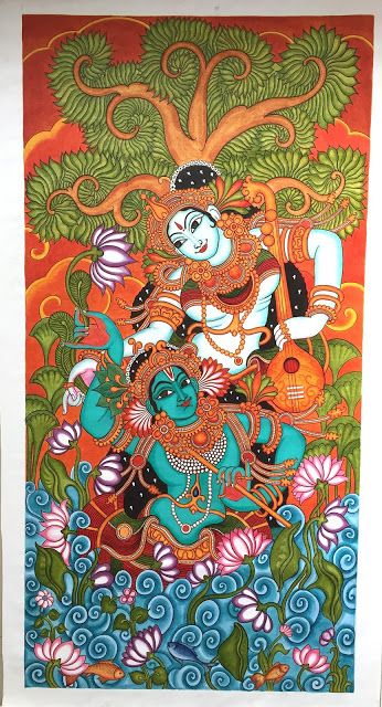 Kerala Mural Painting On Canvas, Relife Art, Indian Mural, Kerala Painting, Lotus Artwork, Buddha Painting Canvas, Indian Traditional Paintings, Mural Art Design, Mural Paintings