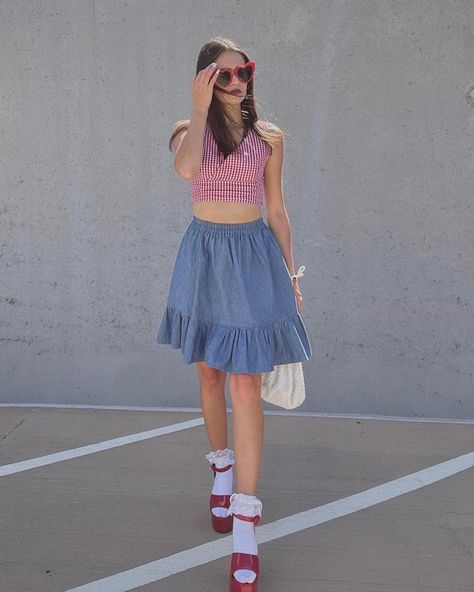 vintage americana inspired outfit with platform heels, frilly socks, heart shaped sunglasses, flowy mid length skirt, gingham top, and a cherry necklace Mid Socks Outfit, Heels With Socks Outfit, Heels With Socks, Socks Outfit, Frilly Socks, Cherry Necklace, Mid Length Skirt, Gingham Top, Sock Outfits