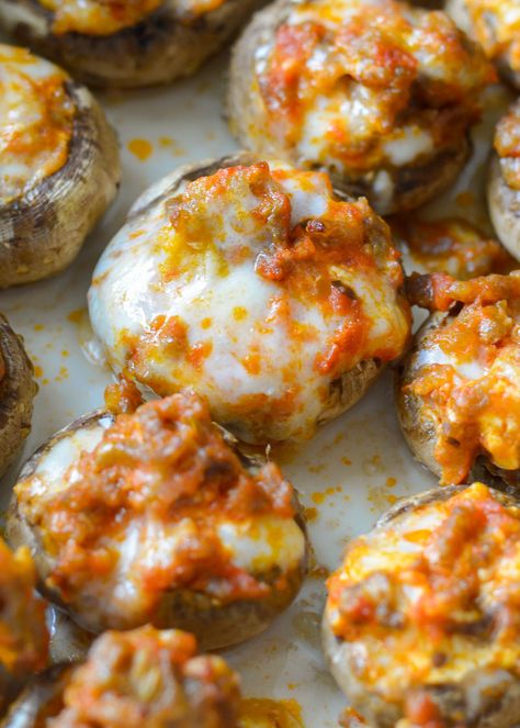 Pizza Stuffed Mushrooms, Air Fried Stuffed Mushrooms, Airfry Mushrooms, Air Fry Stuffed Portabella Mushrooms, Crab Stuffed Mushrooms Air Fryer, Keto Stuffed Mushrooms Air Fryer, Best Mushroom Recipe, Low Carb Marinara, Sausage Stuffed Mushrooms