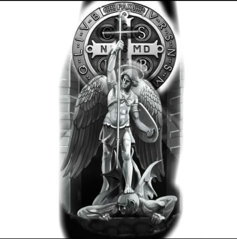 St Gabriel Archangel Tattoo, San Benito Tattoo, Saint Michael Tattoo Design, Native American Warrior Tattoos, Jesus Tattoo Sleeve, Holy Tattoos, Vertical Tattoo, Archangel Michael Tattoo, St Michael Tattoo