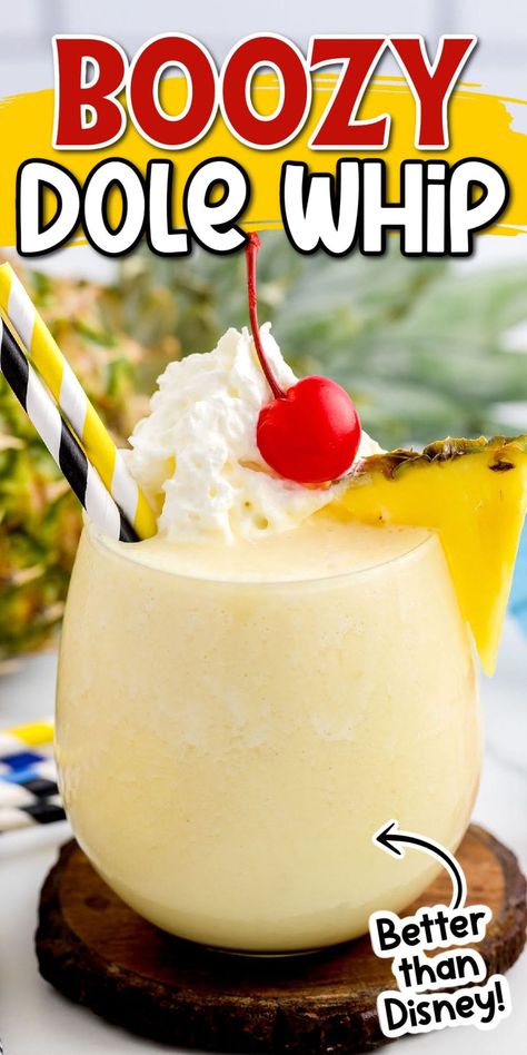 Pineapple Dole Whip Drink, Nostalgia Slushie Machine Recipes, Dole Whip Margarita Recipe, Dole Pineapple Whip Recipe, Summer Frozen Drinks Alcohol, Whipped Pinnacle Drinks, Creamy Alcoholic Drinks Recipes, Pineapple Mixed Drinks, Pineapple Beverages